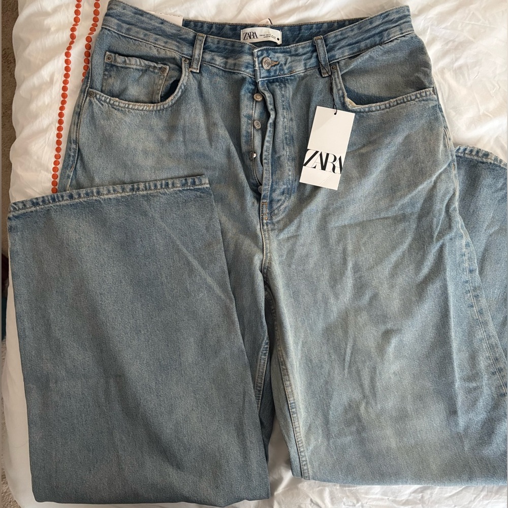 Zara Jeans Women Denim Light Wash High Rise Straight Barrel Wide Leg Size 14 New